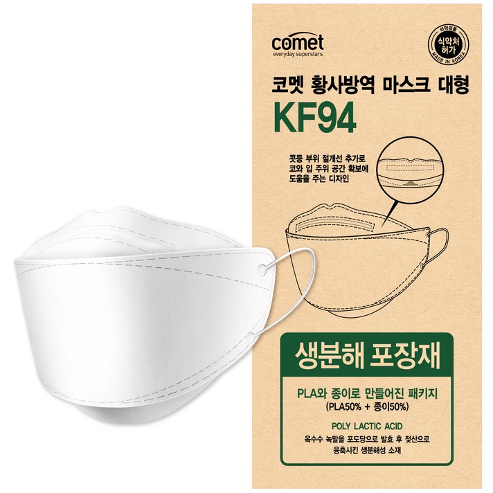 코멧 KF94 마스크 개별포장 대형 컴포트핏(생분해 포장재), 화이트, 25매