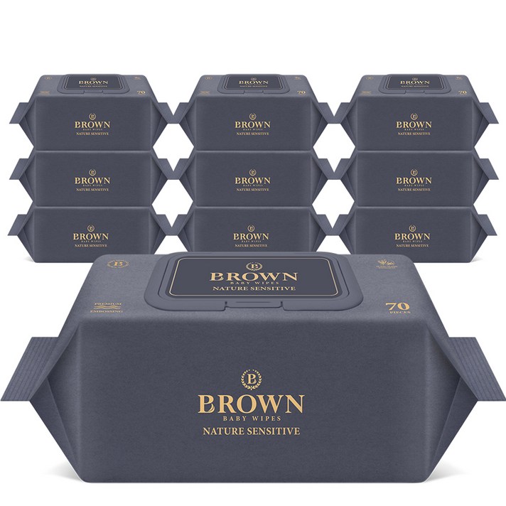 브라운 네이처 센시티브 저자극 엠보싱 아기물티슈 캡형, 10팩, 70매