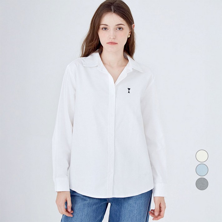 ELLE PARIS 여성용 로고 자수 레귤러핏 옥스포드 셔츠
