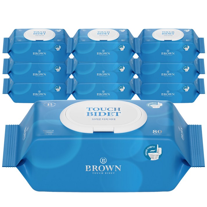 브라운 저자극 터치 비데 화장실용 물티슈 캡형, 80매, 10팩