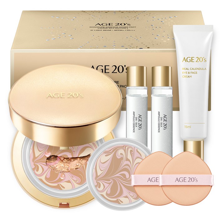 에이지투웨니스 시그니처 누디실크 에디션 모이스처 팩트 21호 본품 14g + 리필 14g + 다이아실크 앰플 에센스 10ml x 2p + 카렌듈라 아이엔페이스 크림 15ml + 퍼프 2p, 1세트