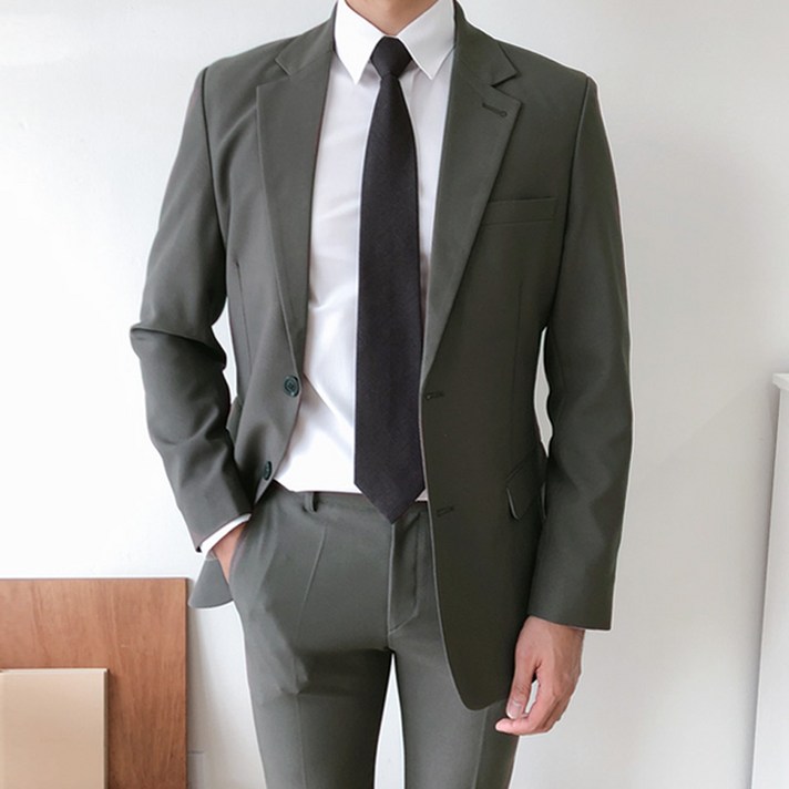 언탭트 남성용 사계절 투버튼 캐주얼 수트 자켓 + 긴바지 세트