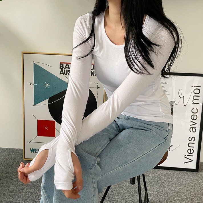 투데이앤룩 여성용 심플 핸드 워머 라운드 긴팔 티셔츠