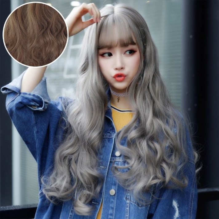 하이유니 웨이브 펌 롱 컬 헤어 통가발 70cm + 가발망 + 거치대 세트, 쿨브라운(가발), 랜덤발송(거치대), 1세트