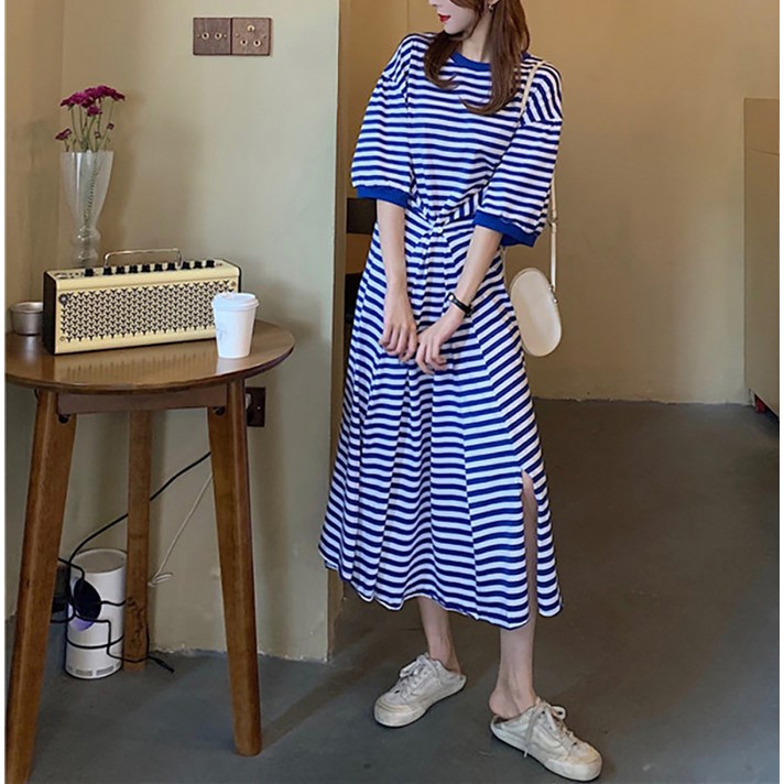 마켓에이 여성용 허리조임 스트라이프 롱 원피스티