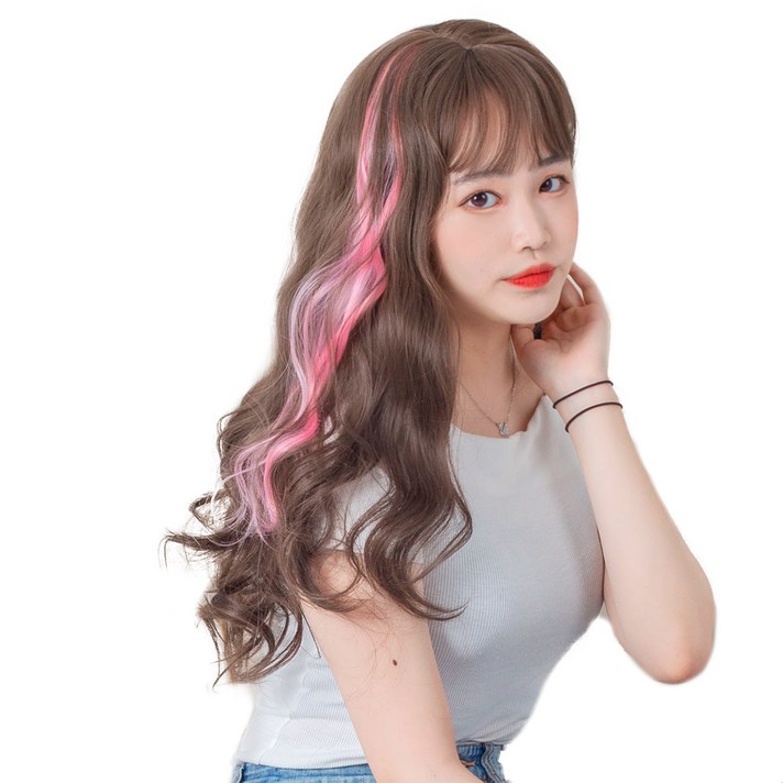 가발위드 단색 웨이브 컬러 포인트 피스 5p + 트윙클 붙임머리 세트, 밀크핑크(컬러피스), 랜덤발송(붙임머리), 1세트