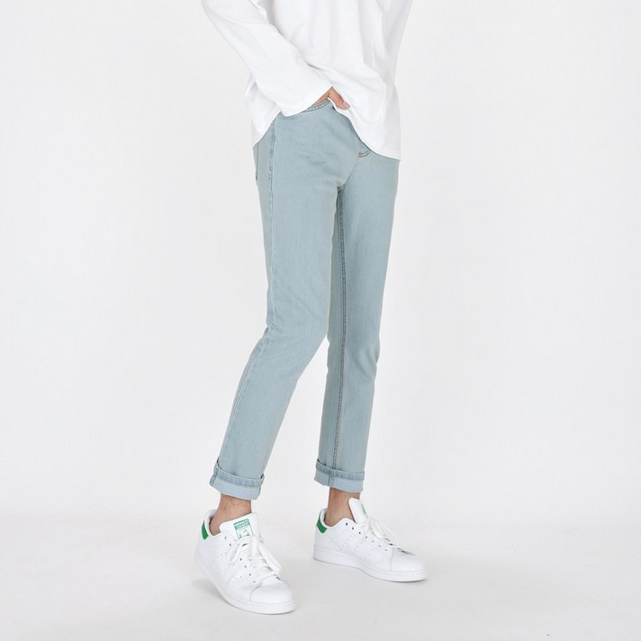 데님공방 남성용 밴딩청바지 슬림일자핏 스판 연청바지 워싱 데님팬츠