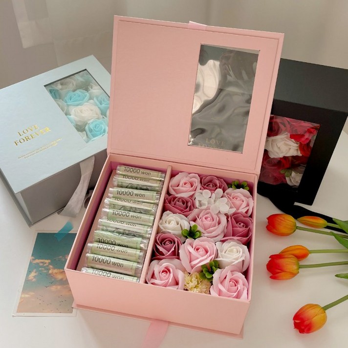 윤씨네 만물상 비누꽃 플라워 박스(이벤트 파티 기념일 크리스마스 웨딩소품 용돈박스 어버이날 스승의날 결혼기념일 생일선물 100일 1주년 커플 꽃바구니 조화선물 플렉스 돈 카네이션), 스카이블루