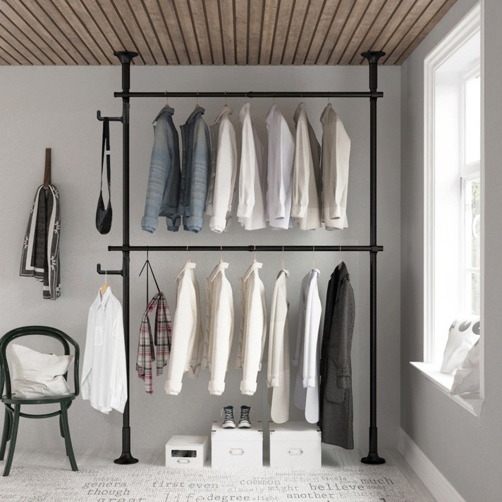  리우리빙 2단 튼튼한 행거 + 다용도걸이 세트, 블랙 