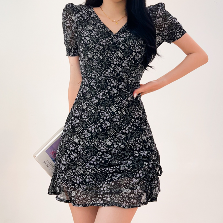 투디 플라워 패턴 브이넥 셔링 퍼프 반팔 쉬폰 미니 원피스, 3컬러