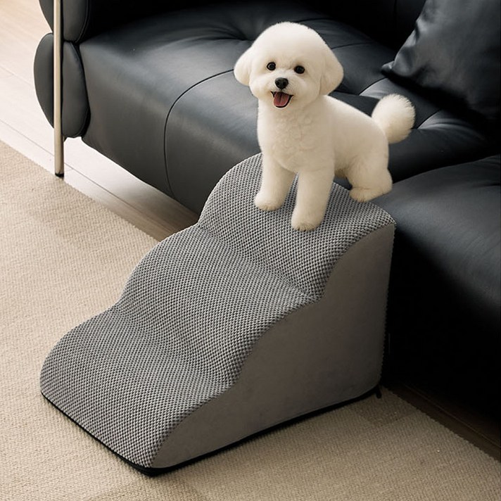 강아지 계단 높은 침대용계단 소형견 소파 침대 옆 3단계 계단 세탁 가능 기어올림 경사면, 회색 3단레이어 높이 35cm