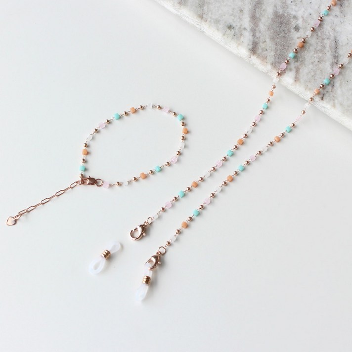 멀티 원석 비즈 체인 패션 안경줄 겸 마스크 스트랩 + 팔찌 SET