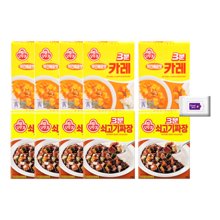 오뚜기 3분카레약간매운맛(200g) 5개+쇠고기짜장(200g) 5개+그레잇물티슈(10매), 3분카레약매5+쇠고기짜장5+그레잇물티슈