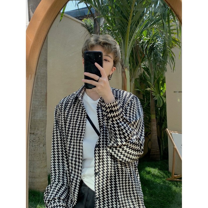 ANYOU 춘추 남자 기하학패턴 오버핏 긴팔셔츠 캐주얼 남방