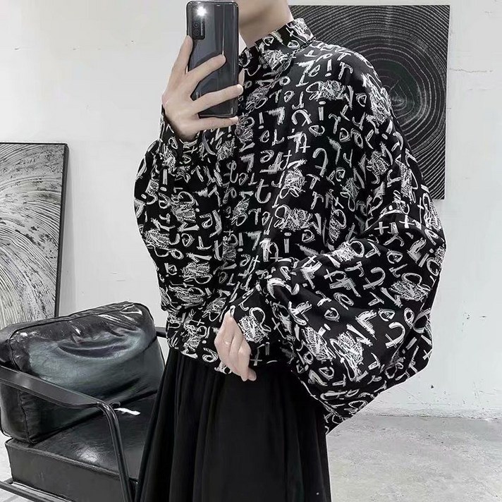 셔츠 남성용 한국식 긴팔 실크 셔츠 유행 남성 Ruffian 잘 생긴 정장 다크 남자 정장 매칭 유행 잘 생긴