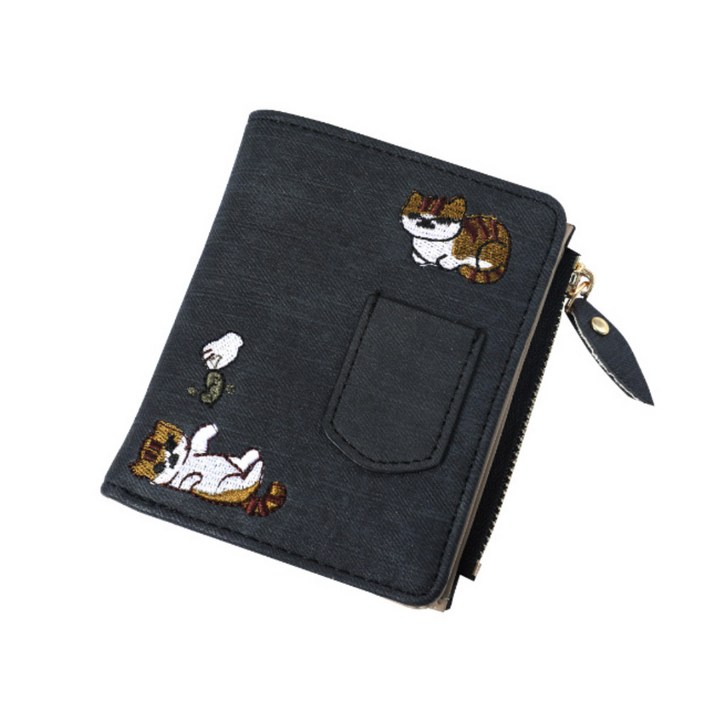 데일리비 야옹~ 고양이자수 포켓장식 반지갑 지갑 학생 동전지갑 지퍼