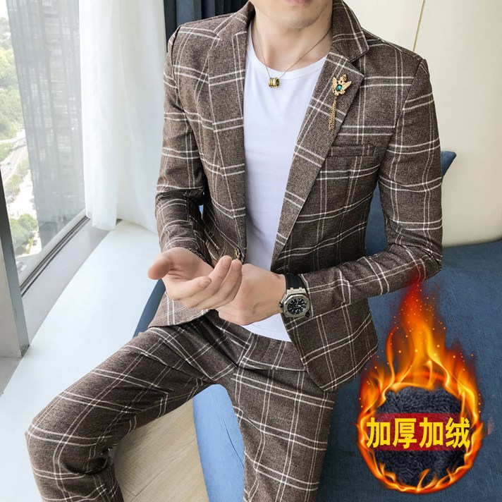 꼬마 키 더하기 작은 사이즈 번호 체크 슬림핏 작은 양복 세트 짧은 스키니 남성 양복 두 벌