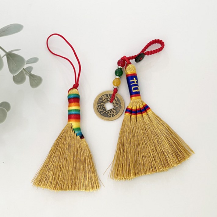 행운 재물 황금 빗자루 2종 세트, 엽전+오색실 1세트, 1세트