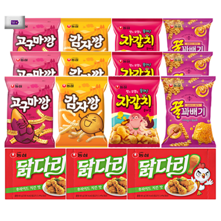 농심_인기스낵4번들(고구마깡 감자깡 자갈치 꿀꽈배기)X 3팩+닭다리후라이드3개+그레잇물티슈(10매), 1세트