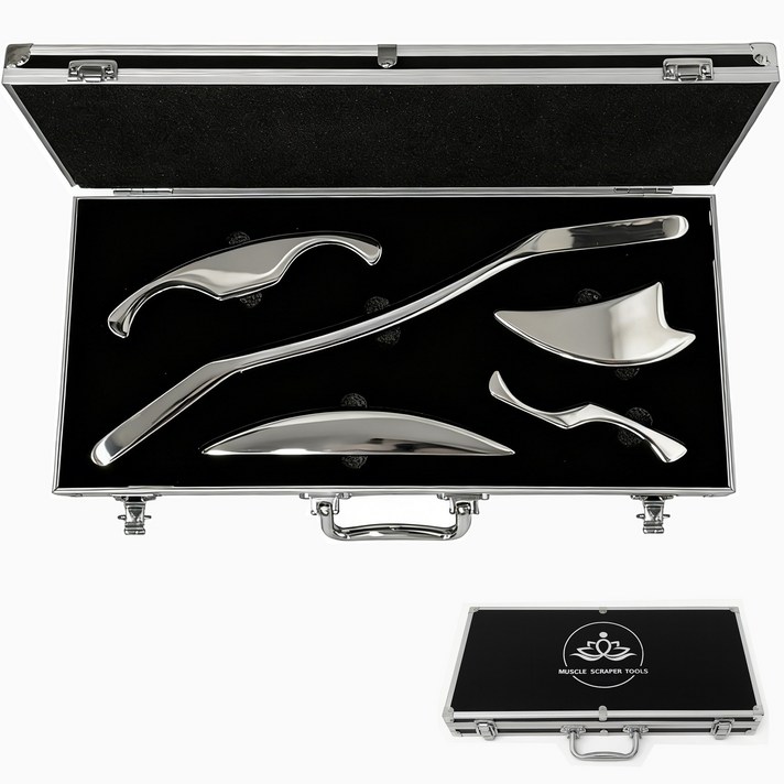 Holisttech 스테인리스 근막 마사지 괄사 5종 세트 전신 이완 케어 마사지 도구 세트 보관 케이스 포함, 실버, 1세트