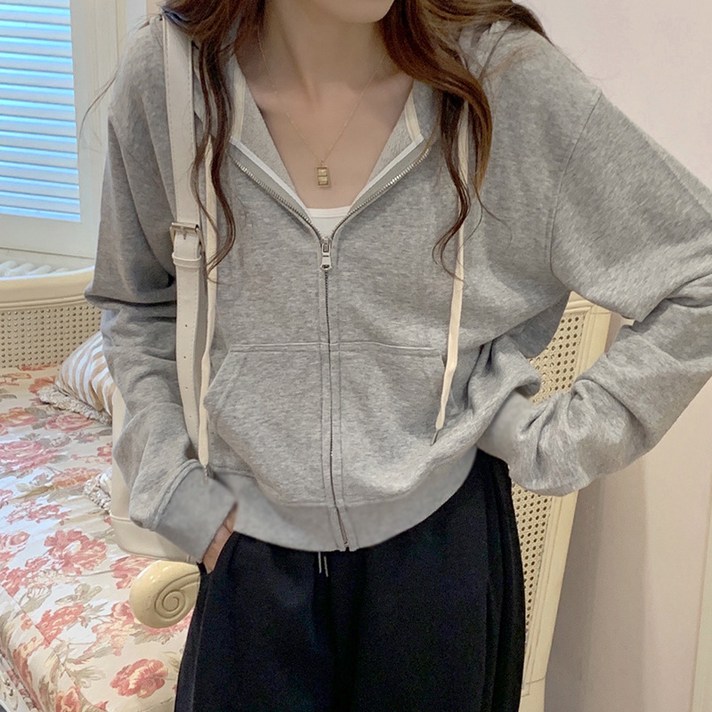 아이엠몽 여성용 간절기 베이직 야무 크롭 후드 집업