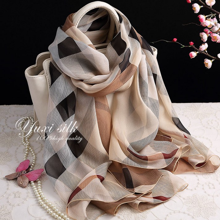 고급 사계절 누에 실크 스카프 닥스 체크 롱 머플러