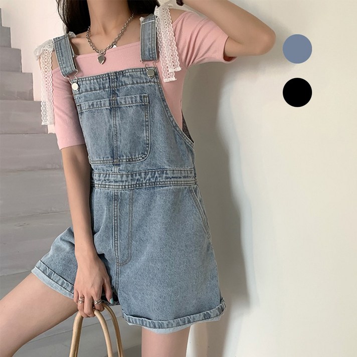 치유쿠 여자 여름 와이드 멜빵 연청 반바지