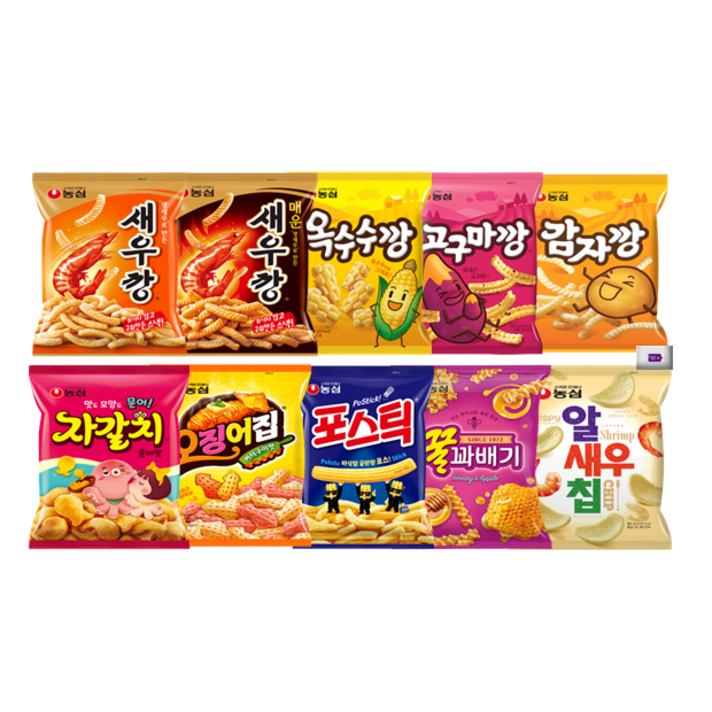 농심 과자10종 새우깡 매운새우깡 감자깡 고구마깡 옥수수깡 포스틱 꿀꽈배기 자갈치 알새우칩 오징어집+그레잇물티슈(10매), 5깡+포스틱+꿀꽈+자갈+알새우+오징어집+그레잇물티슈