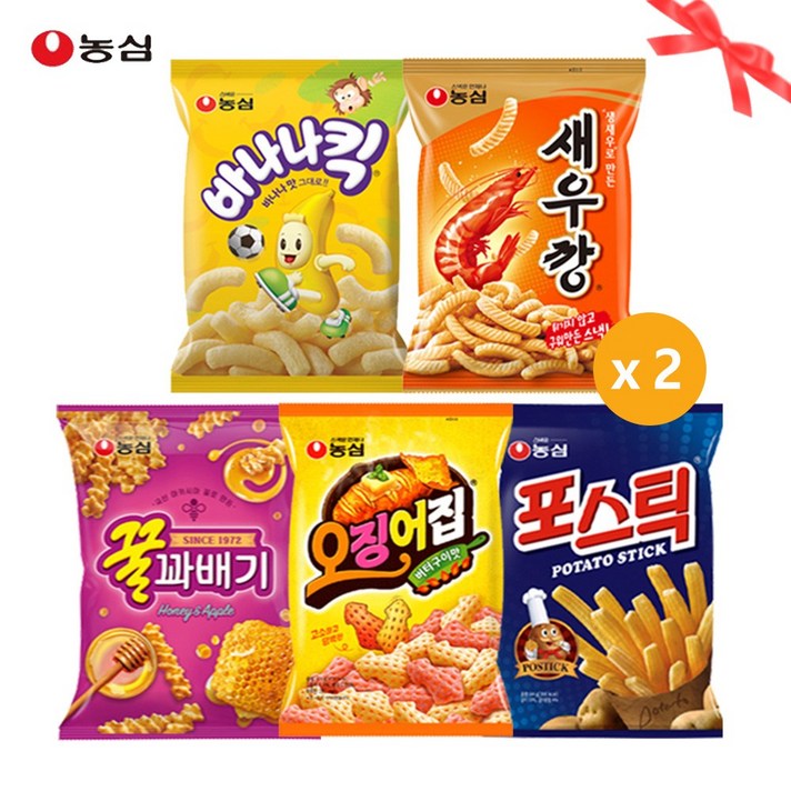 농심 새우깡+꿀꽈배기+바나나킥+포스틱+오징어집 2봉씩 과자세트(10봉), 묶음_15번