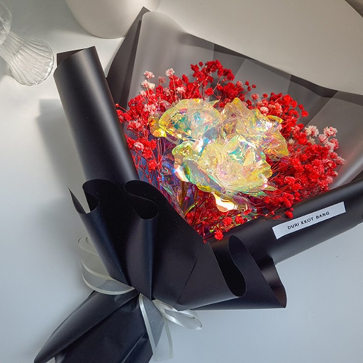 안개 LED 홀로그램 장미 꽃다발 홀로그램꽃 졸업 입학 기념일 생일선물 무드등, 3송이, 레드