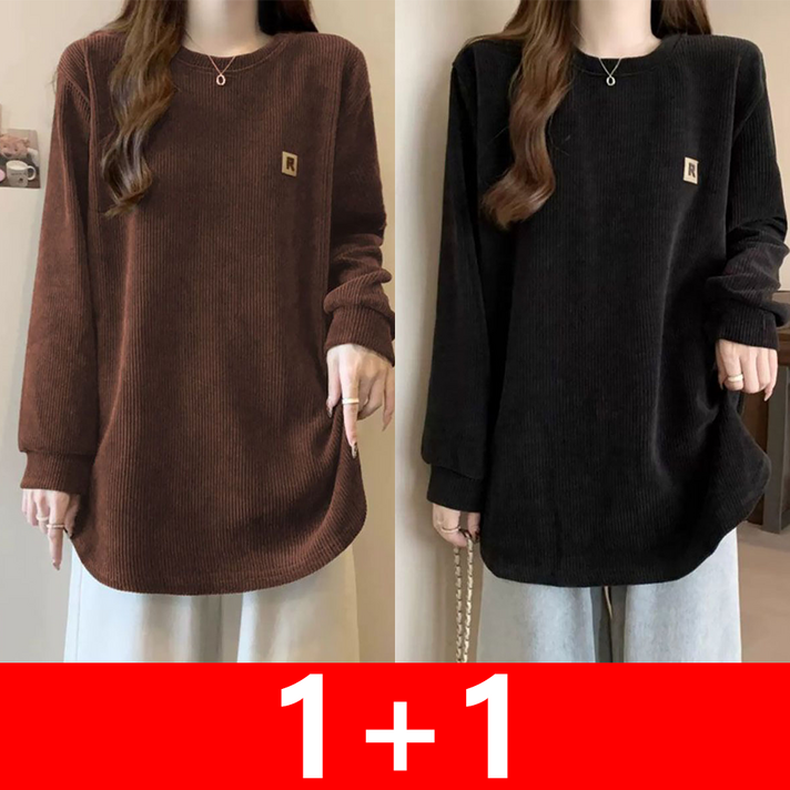 지고다그 11여성 겨울 더블기모  티셔츠 루즈핏 빅사이즈 따뜻한 데일리 롱탑 MY0242
