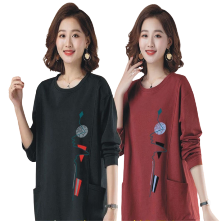 꽃소담 1+1 중년여성 긴팔 면티 루즈핏 엄마 티셔츠 QQJ376
