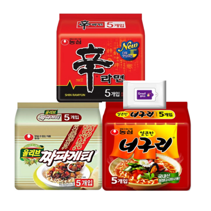 신라면(5입)+얼큰너구리(5입)+짜파게티(5입)+그레잇물티슈(10매), 신5+너구리5+짜파게티5+그레잇물티슈