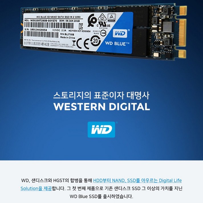 Western Digital WD Blue 3D M.2 2280 TLC 정품 SSD, 2TB