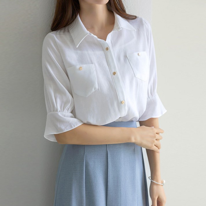 스타일온미 슬레인 린넨 라이크 쿨링 퍼프 벨소매 카라 셔츠 블라우스 스타일온미 슬레인 린넨 라이크 쿨링 퍼프 벨소매 카라 셔츠 블라우스
