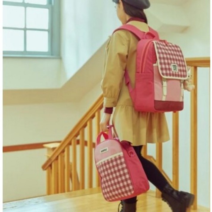 [빈폴] 키즈 마젠타 바오 체크 책가방+보조가방 (BI11D4U04W)