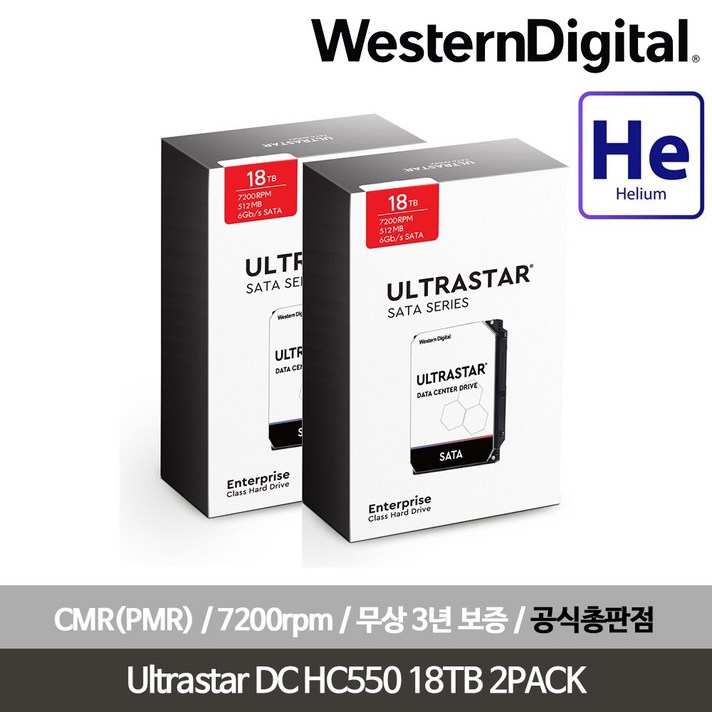 웨스턴디지털 울트라스타 NAS 패키지 HDD, 36TB, DC HC550 WUH721818ALE6L4 2PACK