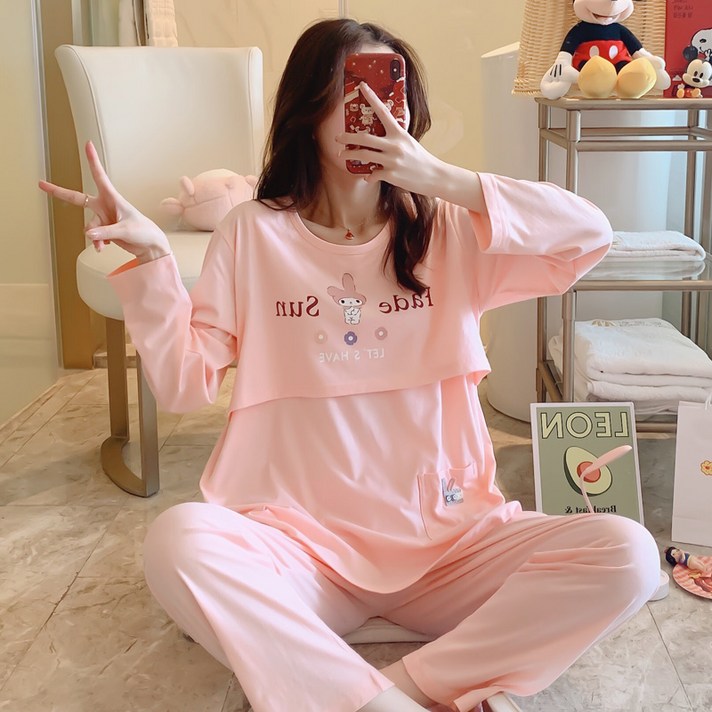 수유복 산후조리복 여름얇은스타일 분만후 순면 오버사이즈 통기성 땀흡수 6월 7월분 수유 임산부 여름, 핑크 만화 소녀g, XLml