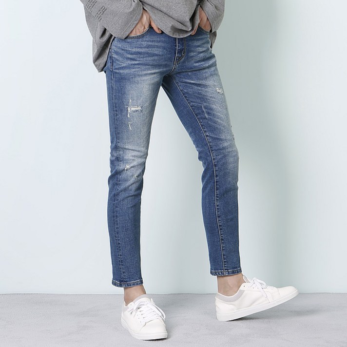 남자 청바지 9부 찢청 구김 워싱 중청 스판 히든밴딩