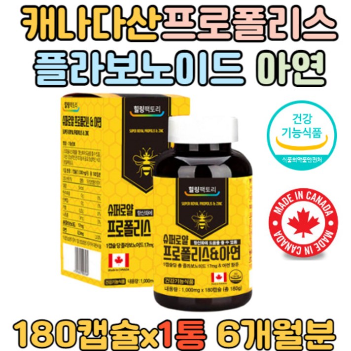 캐나다산 프로폴리스 아연 180캡슐 6개월분 면역 활성산소 억제 항산화 작용 플라보노이드 성장기 청소년 어린이 부모님 propolis