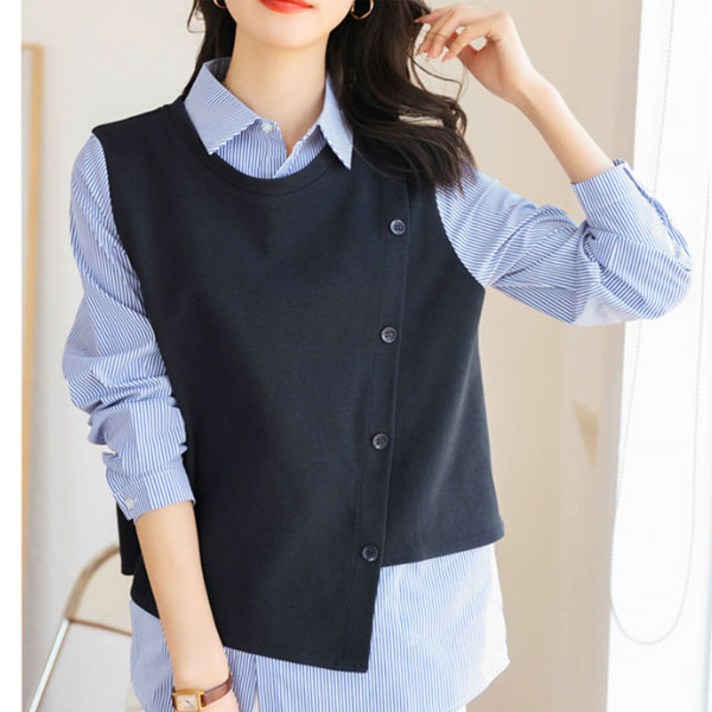  여성 정장 배색블라우스 레이어드 데일리룩 블라우스 조끼 카라 스트라이프 셔츠 T18 
