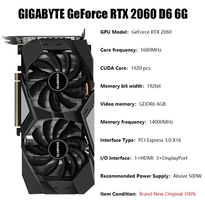 GIGABYTE GeForce RTX 2060 D6 6G 데스크탑 그래픽 카드 192비트PCI-E 3.0 비디오 카드 E-스포츠 게임 카드 GTX 1050TI 1660 Ti, RTX2060 D6 6G