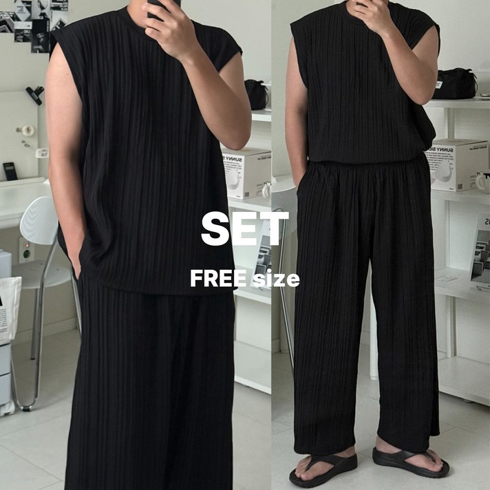 르위 플리츠 나시 쿨링 셋업 9부 와이드팬츠 민소매 오버핏 세트