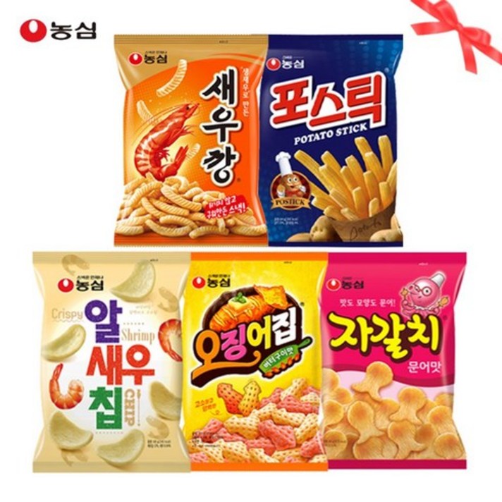 농심 자갈치+새우깡+포스틱+오징어집+알새우칩 2봉씩 과자세트(10봉), 묶음_9번