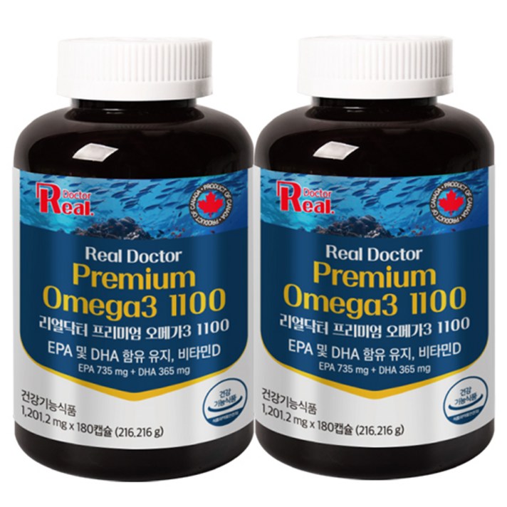 [리얼닥터] 프리미엄 캐나다 오메가3 180캡슐 작은 물고기 추출 정제 어유사용 EPA+ DHA =1100mg+비타민d 250% 시력개선 혈행개선 기억력개선 뼈건강, 180정, 2개