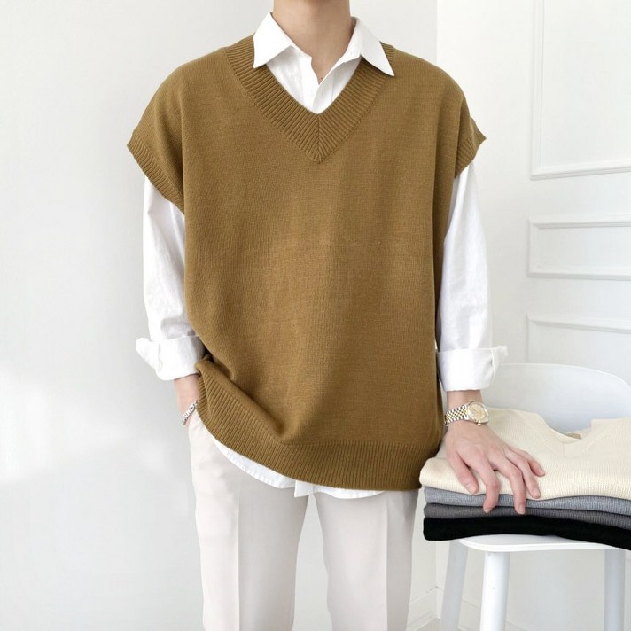 오버핏 숄더 드랍 루즈 니트 V넥 조끼 베스트(5color)