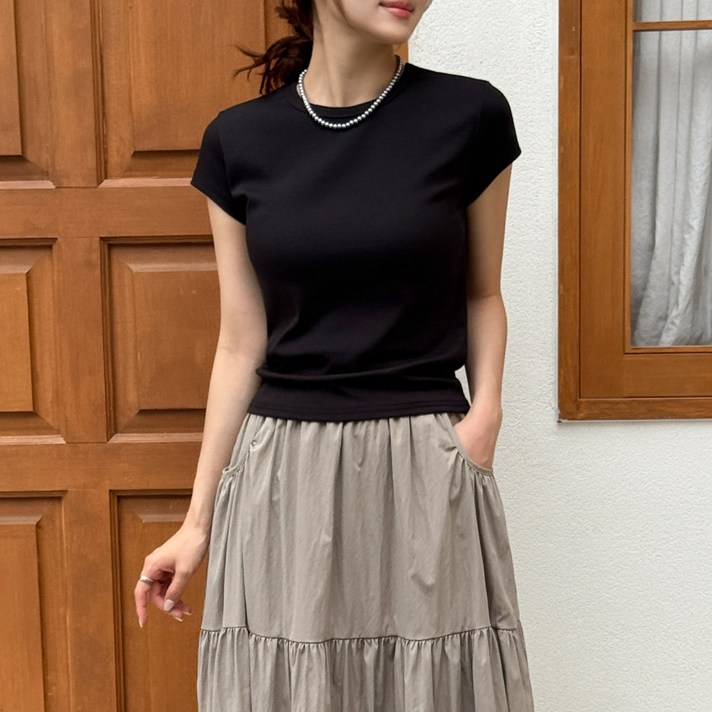 데일리앤 아키 여성 여름 베이직 캡소매 기본 반팔 티셔츠 면 스판 무지 랍빠 이너티 레이어드 민소매