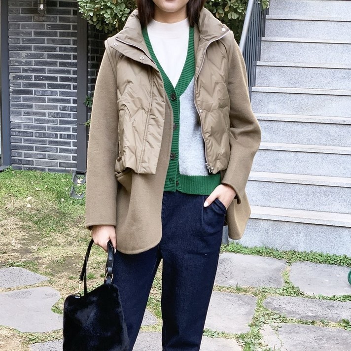 노팅힐 패딩 믹스 핸드메이드 코트 레이어드 조끼 아우터 라이트카키
