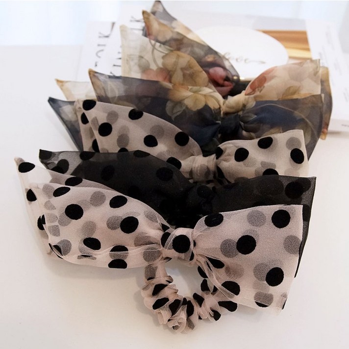 도트 플라워 쉬폰 왕리본 곱창밴드 머리끈 헤어슈슈 2종
