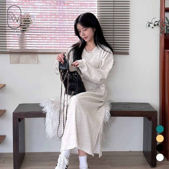 디테일웨어 여성 브이넥 간절기 롱원피스 포켓포함 빅사이즈 편한원피스 젊줌마 임부복 무지 옆트임 홈웨어 꾸안꾸룩